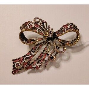 Pink Rhinestone Bow Brooch 2.25" Wide X 2.5" Long